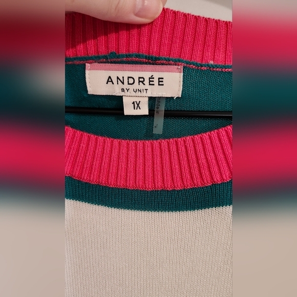 Andree By Unit Womens Teal Pink Striped Sweater Size 1X Coastal Prep Nautical - Picture 4 of 8